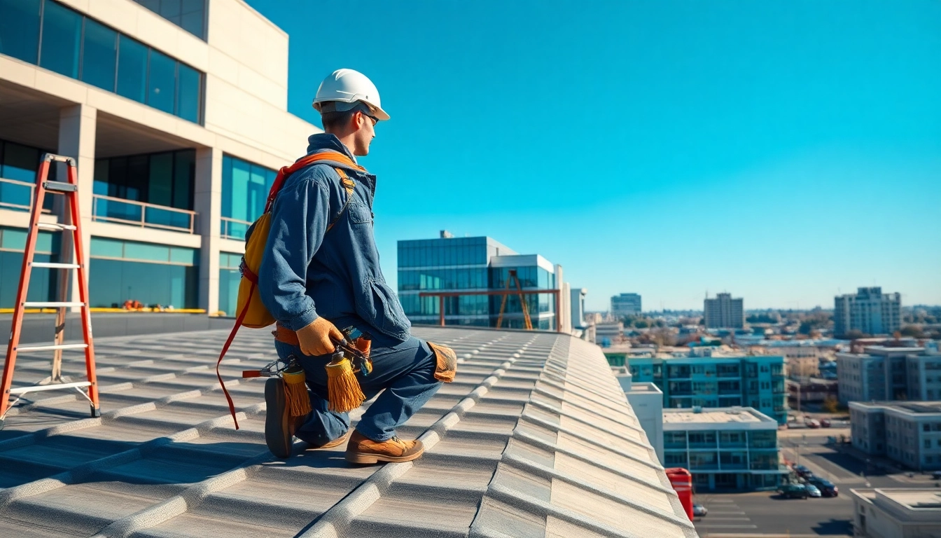 Showcasing advanced commercial roofing services with a contractor in front of modern buildings.
