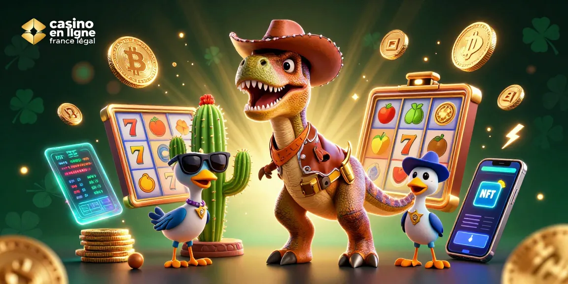 Illustration dynamique avec un cowboy dinosaure et des éléments de casino en ligne France légal.