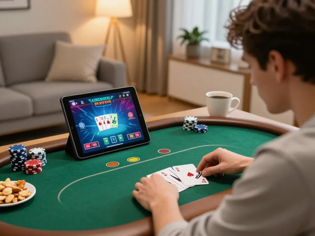 Player engaging in online poker game on tablet, experiencing immersive gaming at 58win1.