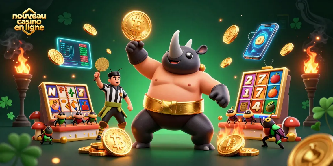 Une illustration 3D dynamique sur le thème d'un nouveau casino en ligne avec un scarabée rhinocéros sumo et des éléments de jeu.