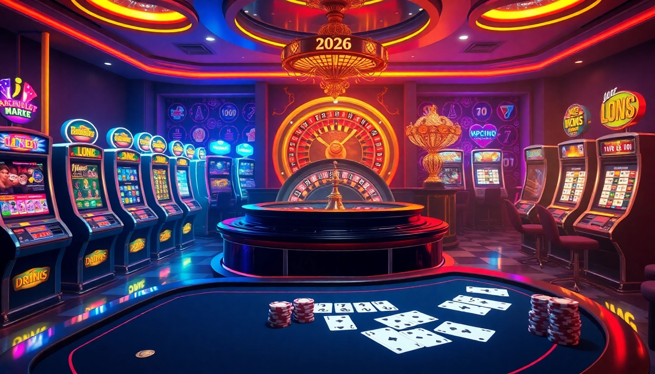 Vivez l'excitation du casino en ligne 2026 avec une scène de jeu luxueuse et vibrante remplie de roulette et de machines à sous.