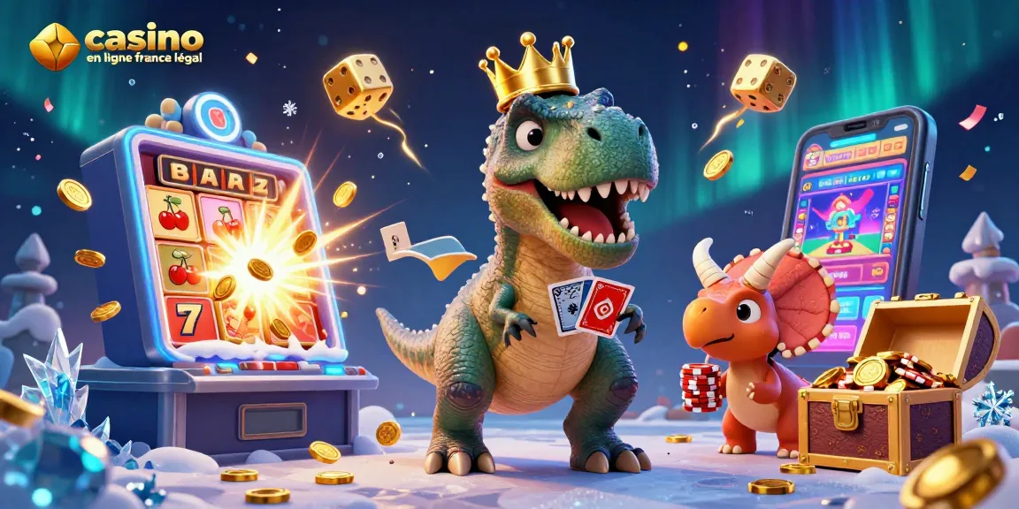 Plongez dans l'univers du casino en ligne France légal avec un T-Rex amusant et des éléments captivants.