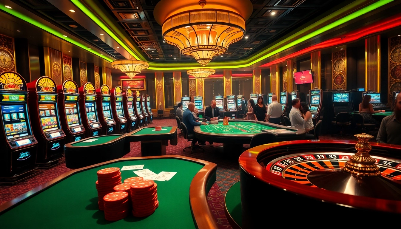Exciting gambling scene showcasing poker tables and slot machines in an aura of hidden wiki onion allure.