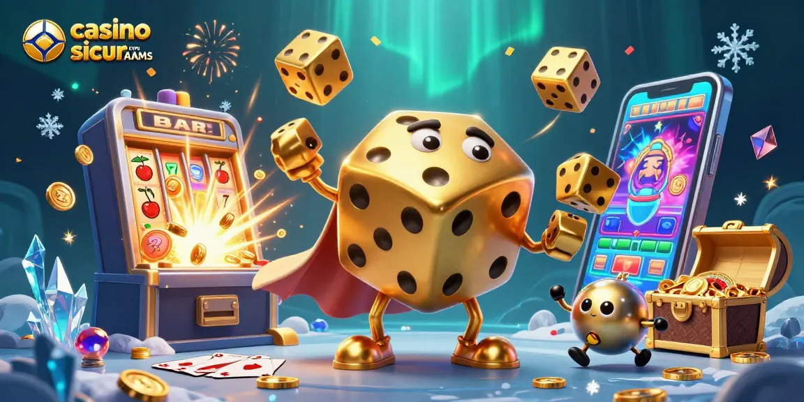 Immagine di un golem di dadi d'oro che gioca con dadi più piccoli e simboli di jackpot nei casinò sicuri non AAMS.