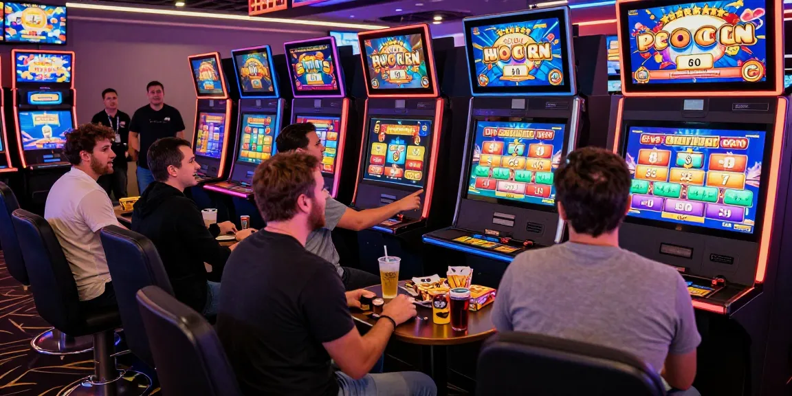 Players enjoying bonus buy slots at a lively casino, showcasing excitement and dynamic gameplay.