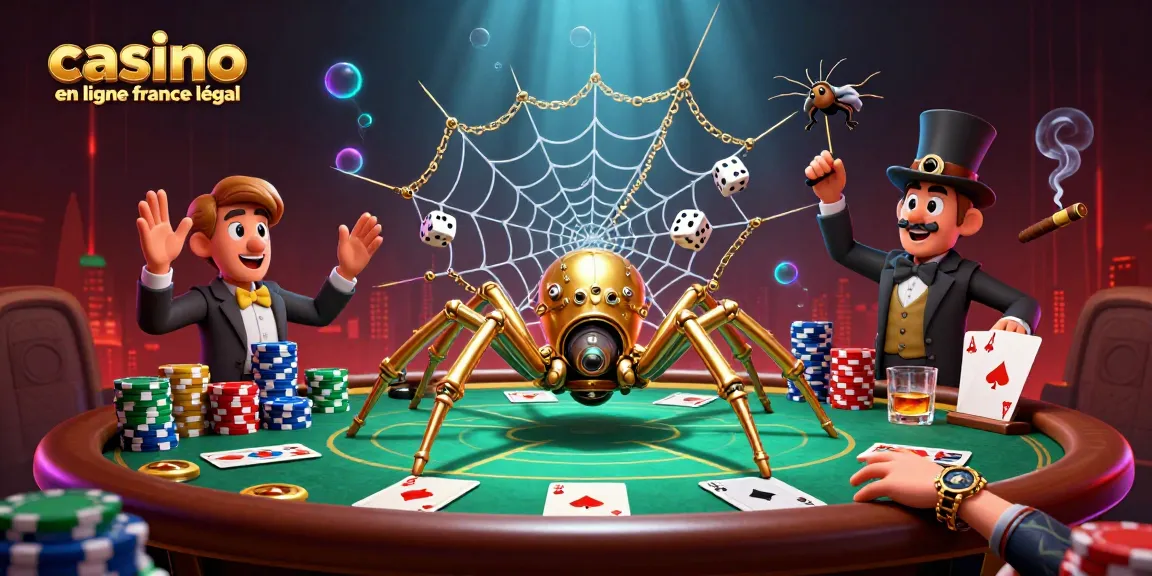 Une illustration 3D de casino en ligne France légal avec une araignée steampunk et un homme volié captivé.