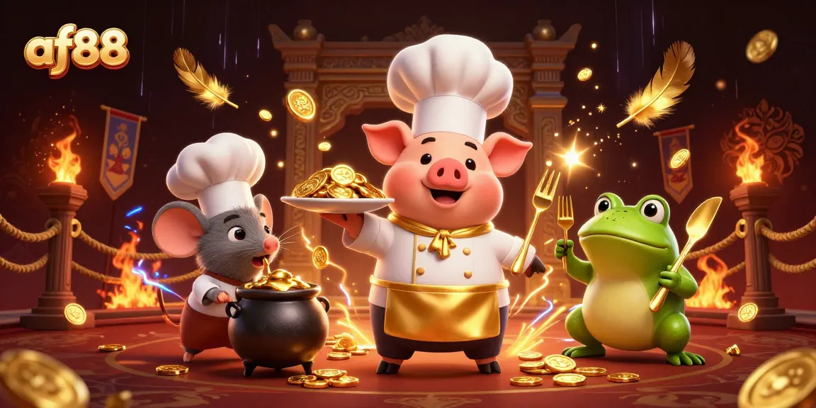 Join the excitement at af88 as a chef pig serves golden coins in a vibrant casino scene.