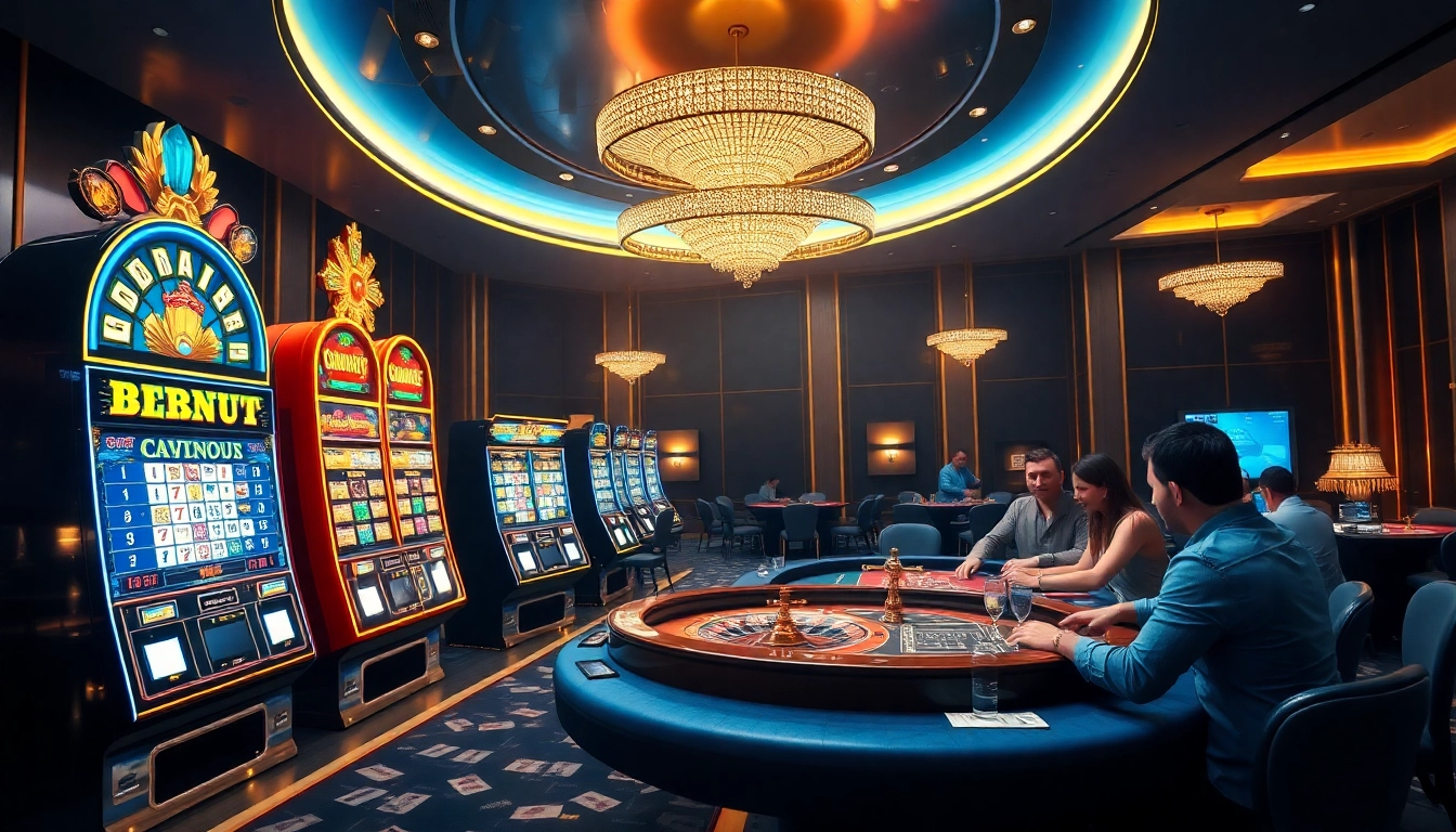 Scène excitante de casino en ligne 2026 avec des joueurs aux tables de roulette et de poker dans un cadre luxueux.