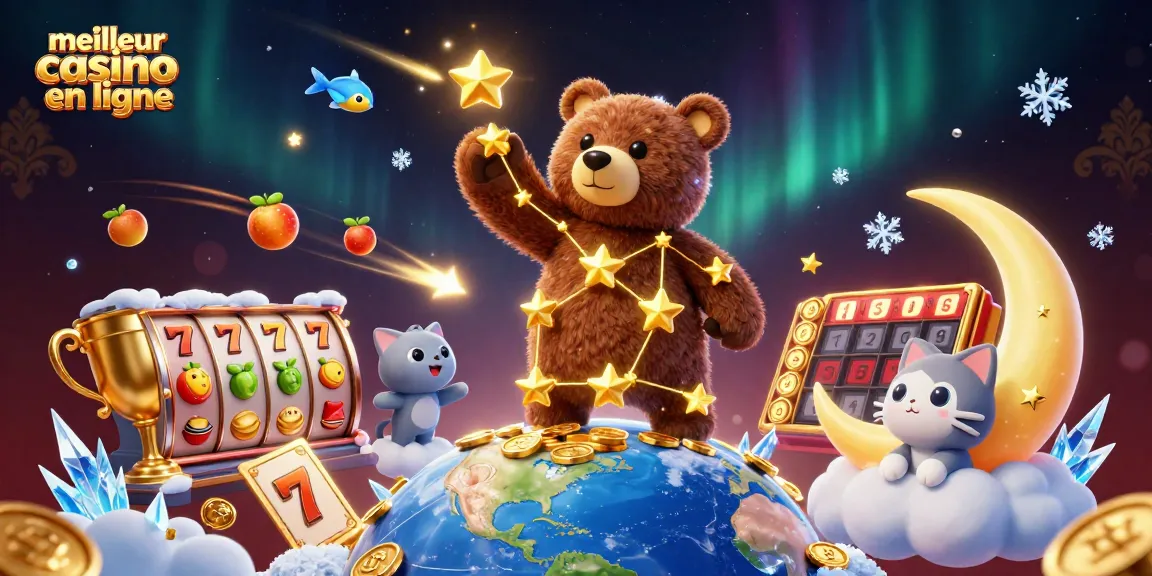 Découvrez le meilleur casino en ligne avec des éléments captivants, tels que des machines à sous et des pièces d'or tombant des étoiles.