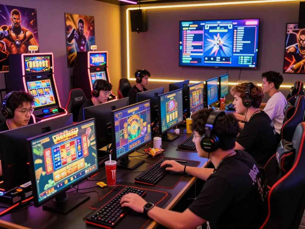 Players enjoying slot gacor hari ini in a lively online gaming room with colorful screens and snacks