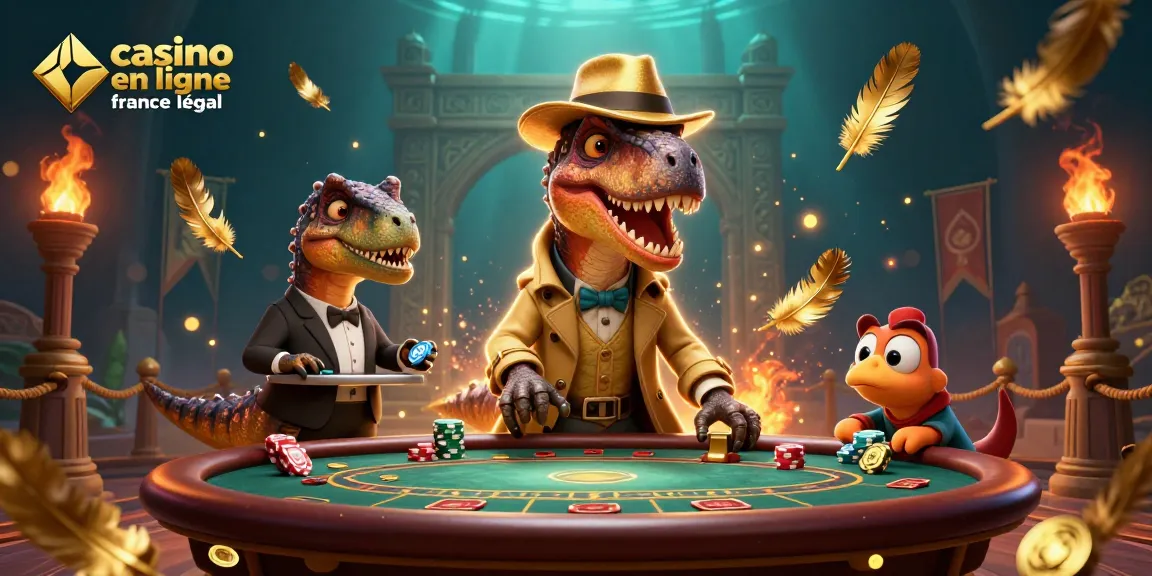 Illustration animée d'un velociraptor au casino, symbolisant un casino en ligne légal en France avec des éléments de jeu