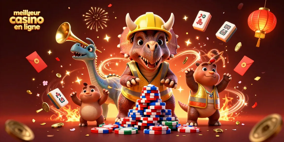 Découvrez les animations festives du meilleur casino en ligne avec un triceratops et des pièces colorées.