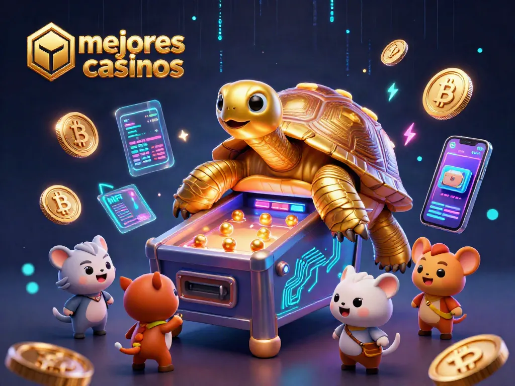 Juega en los mejores casinos con esta ilustración dinámica de tortuga, máquinas y criptomonedas.