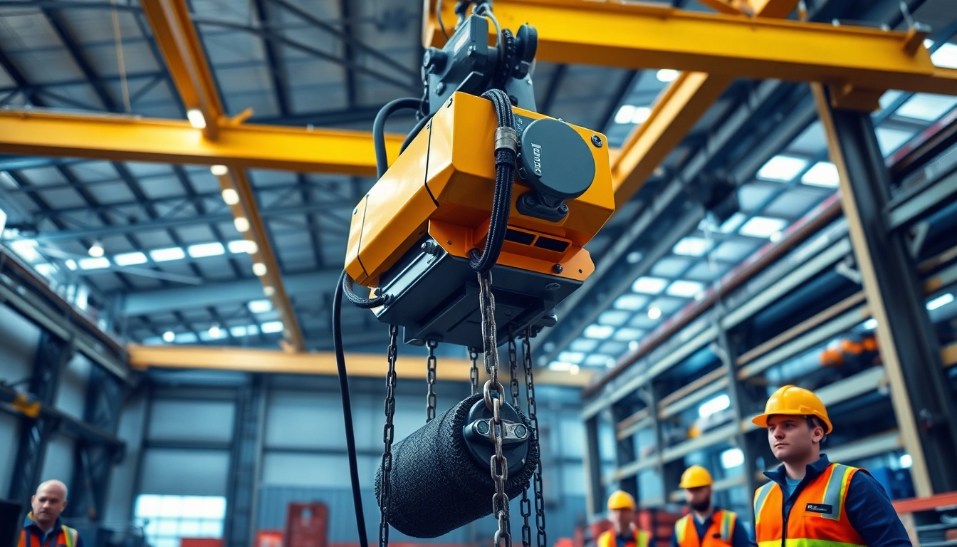 Electric chain hoist crane lifting a load in an industrial warehouse.