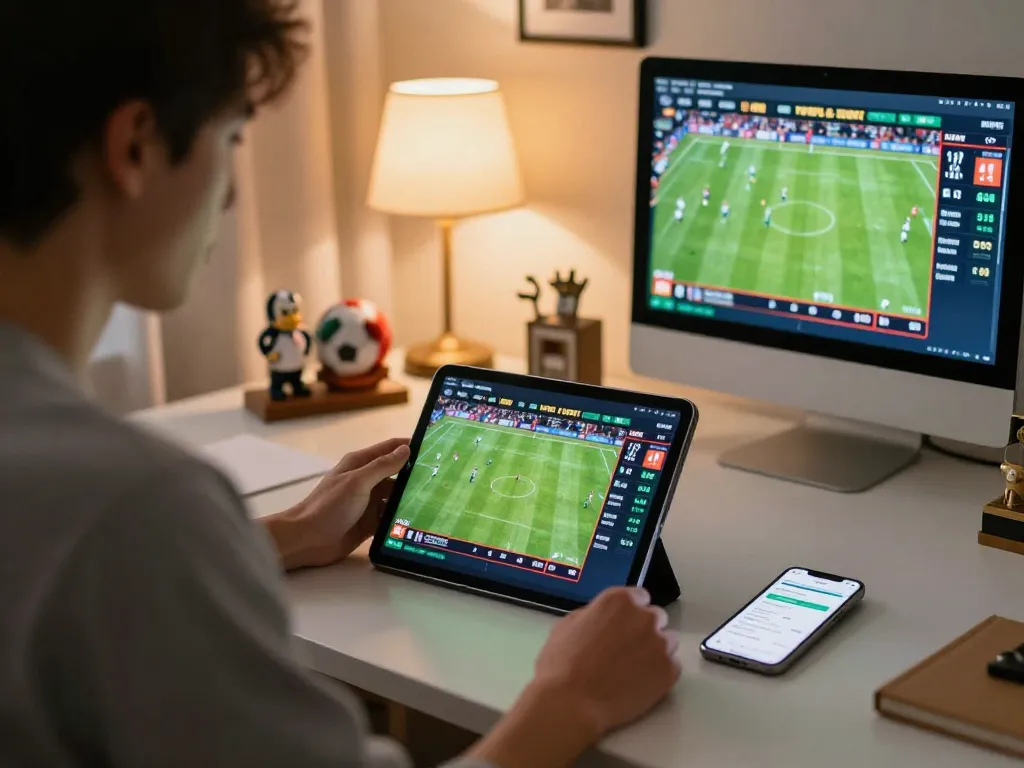 Engaging in live betting on CM88, focused on tablet displaying football odds.