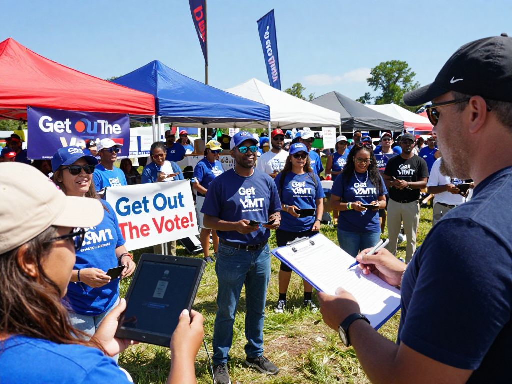 Engaging scene of GOTV calling services at a political rally with volunteers and campaign manager.