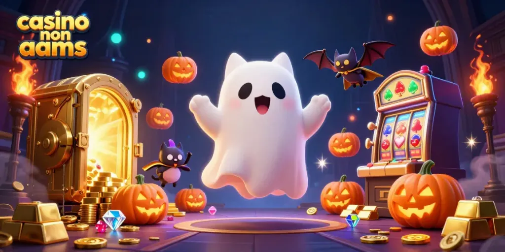 Cattura l'azione nei casinò non AAMS con un gatto fantasma e un pipistrello in un'illustrazione vivace.