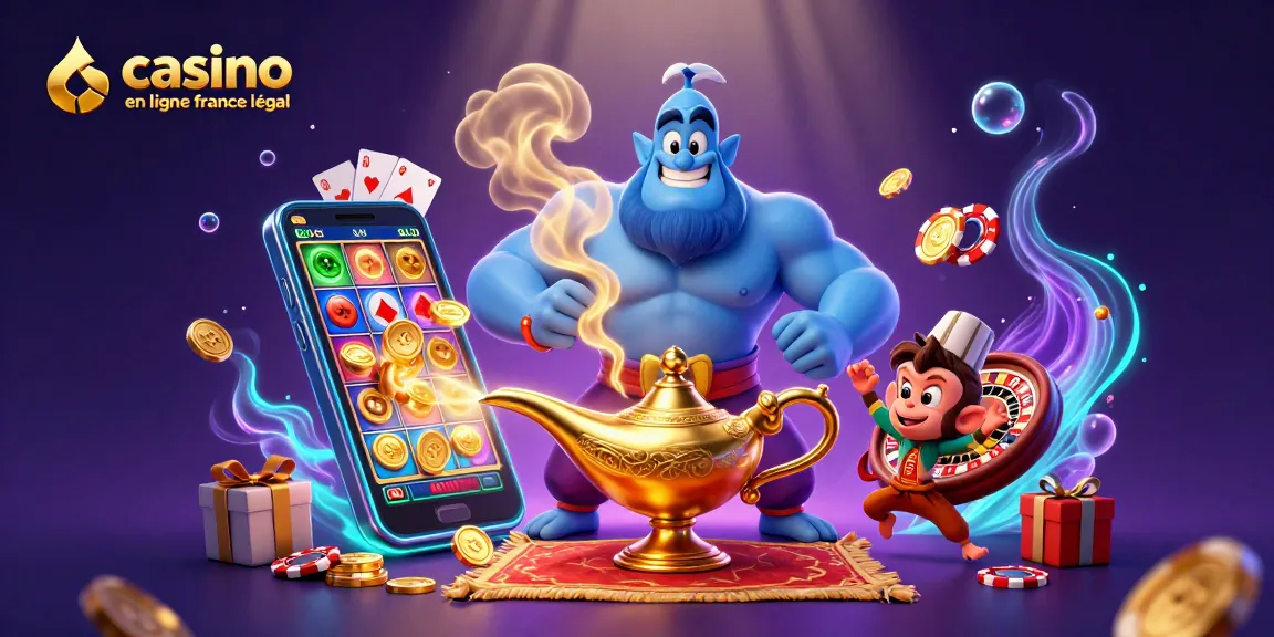 Illustration d'un casino en ligne France légal, avec un génie, un singe et un tapis volant
