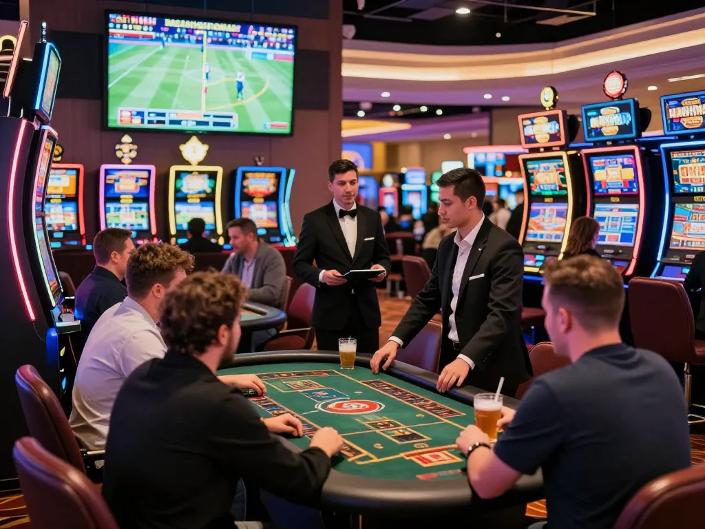 C168 online gaming excitement with players at vibrant casino tables and engaging slot machines.