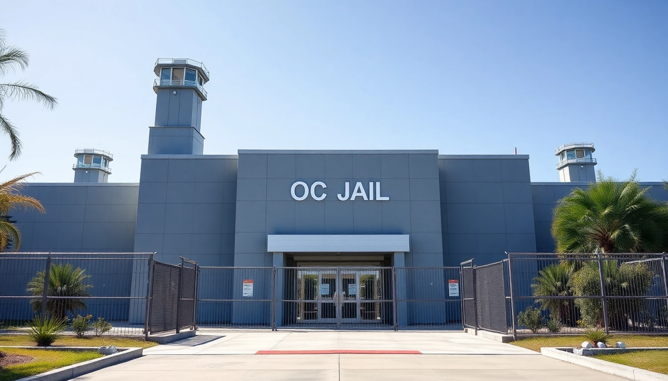 Explore the structured landscape of OC Jail, highlighting its secure entrance and imposing architecture.