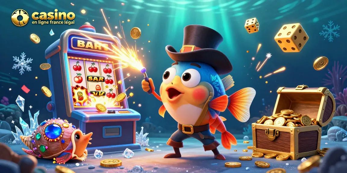 Plongez dans le monde du casino en ligne légal en France avec un poisson-lampe en haut de forme attirant des pièces d'or.