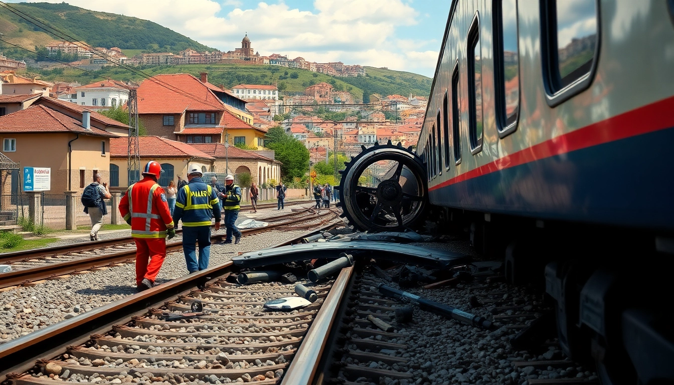 A detailed scene depicting the spain train crash aftermath with emergency responders at work.