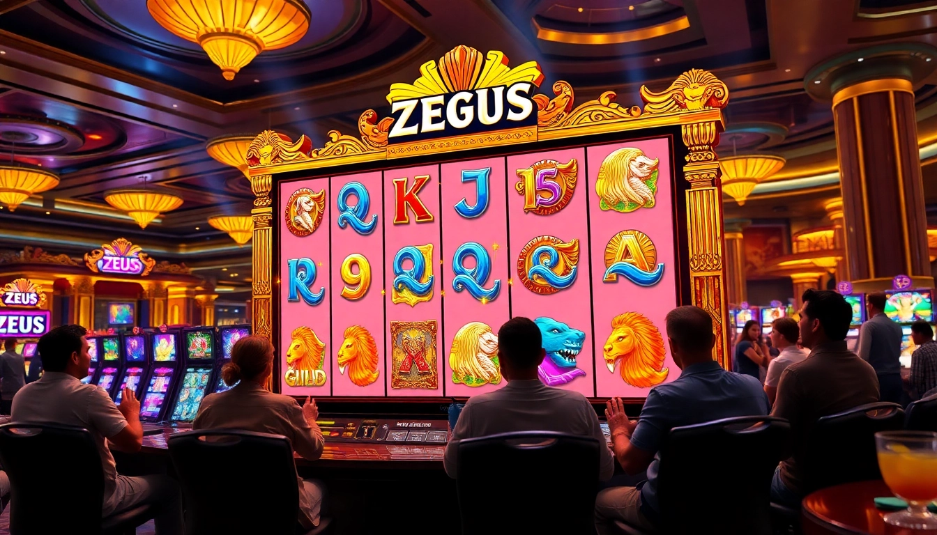 Engage with the dynamic reels of a Zeus slot, featuring vibrant symbols and players enjoying their experience.