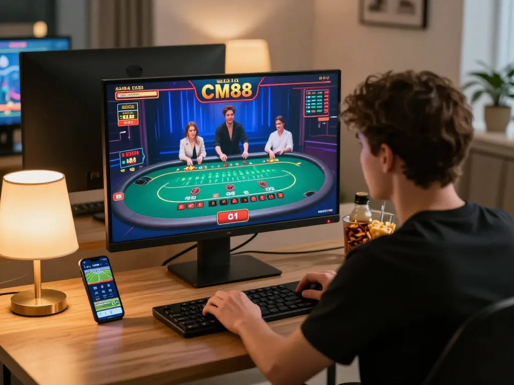 Engaging online gaming session at NHÀ CÁI CM88 featuring live dealer blackjack, showcasing strategic gameplay.