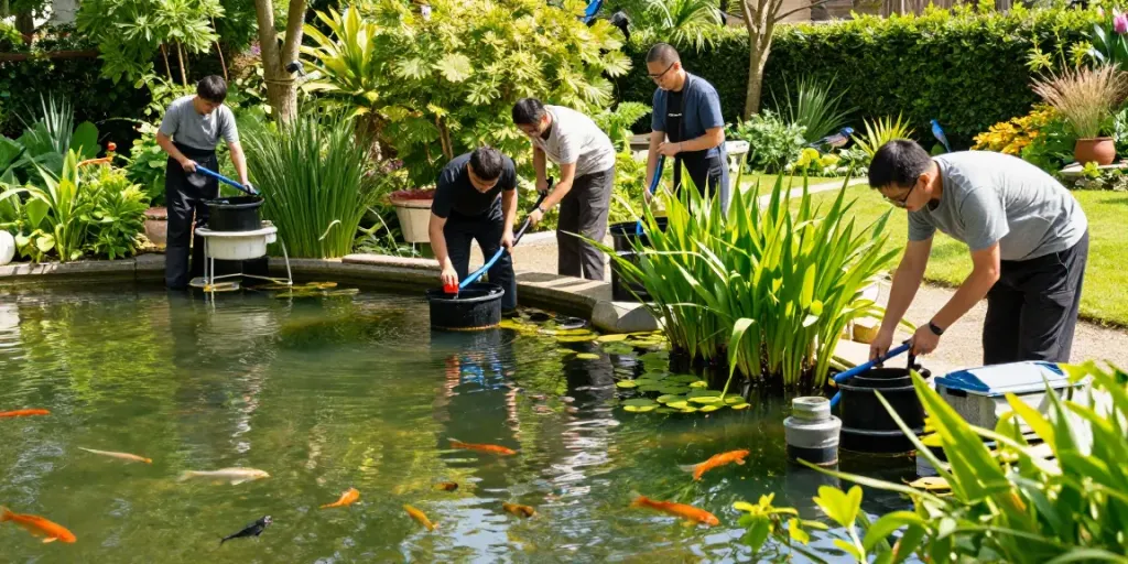 Pond Cleaning Kent: Professionals cleaning a serene pond in a lush Kent garden