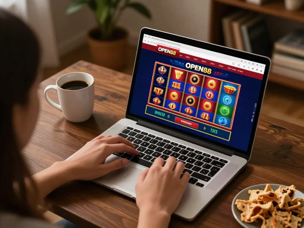 Engaged user exploring open88 online casino interface at home for strategic gameplay.
