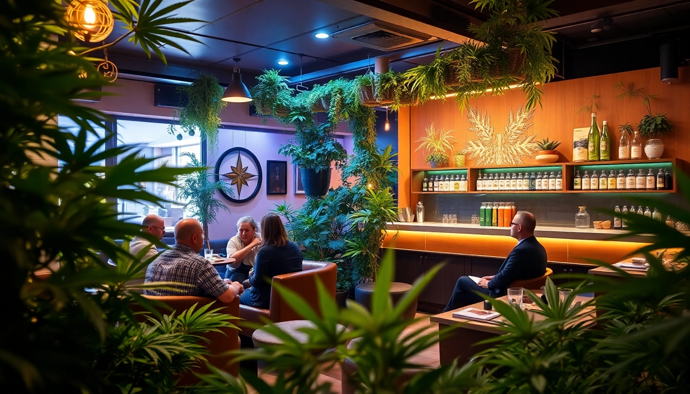 Meilleur club cannabis Lloret de Mar, vibrant cannabis club atmosphere with happy members enjoying their time.