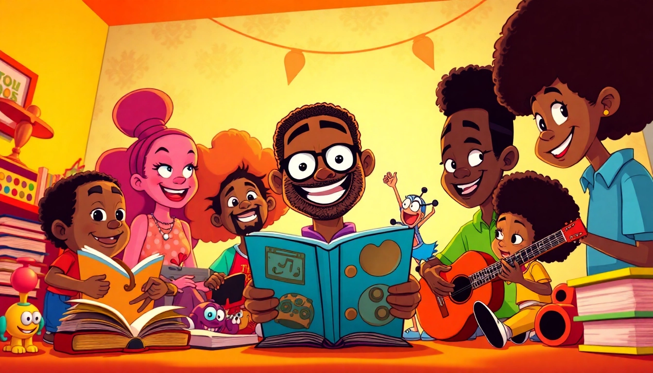A colorful scene featuring iconic characters from African American cartoons, celebrating diversity and creativity in animation.