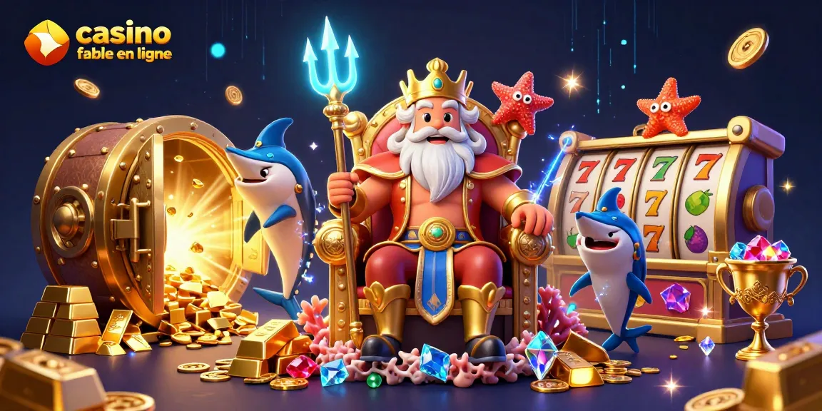 Illustration immersive de casino fiable en ligne avec Neptune, trésors, et machine à sous.