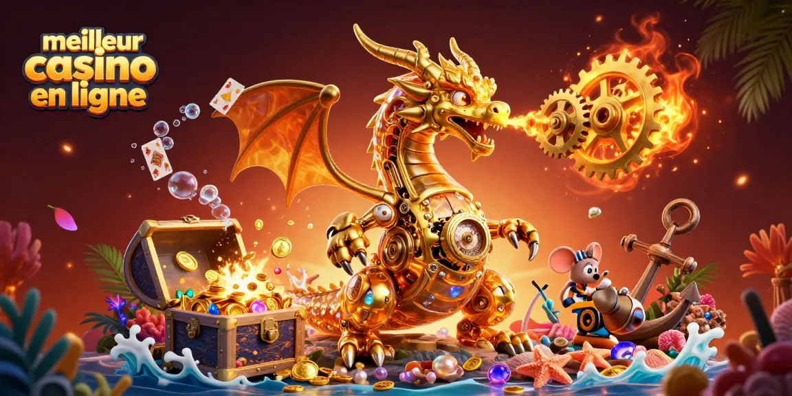 Explorez le meilleur casino en ligne avec une illustration dynamique de dragon mécanique et trésors sous-marins