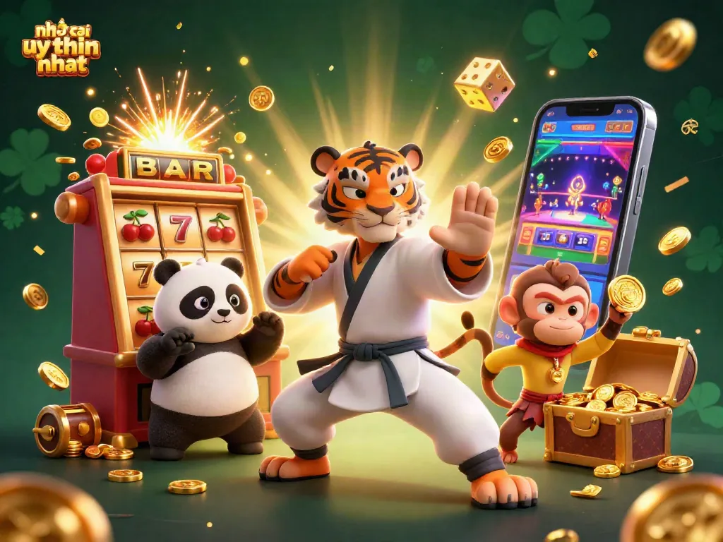 Nha cai uy tin nhat với hình ảnh chiến sỹ rồng kung fu tạo dáng, bên cạnh là một chú panda và một chú khỉ nghịch ngợm, trong khung cảnh sôi động với máy slot và phần thưởng lớn.