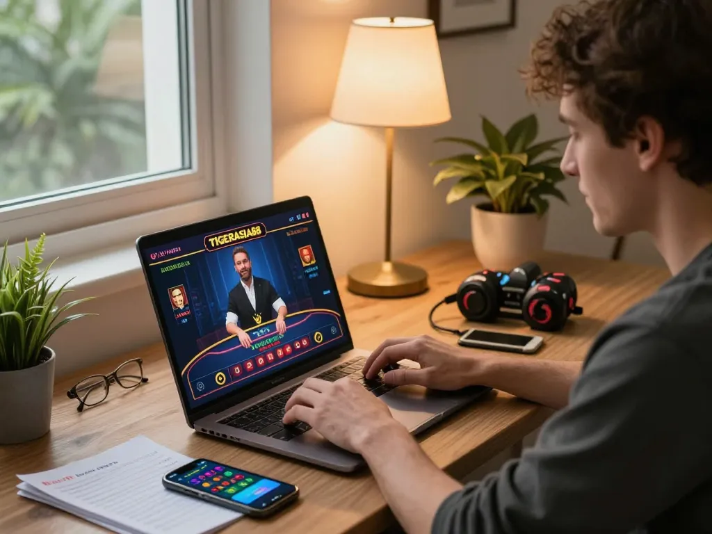 TIGERASIA88 live dealer game setup showing player engaging from home with laptop.