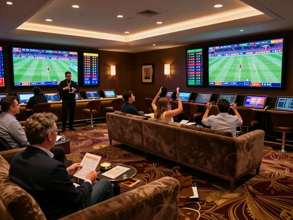 KK55 patrons enjoy sports betting lounge with live games in luxury setting.