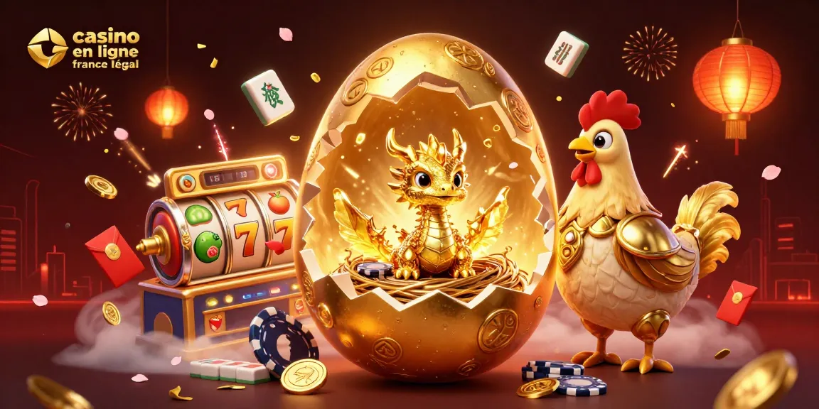 Illustration dynamique sur le thème du casino en ligne France légal avec dragon doré et éléments de jeu.