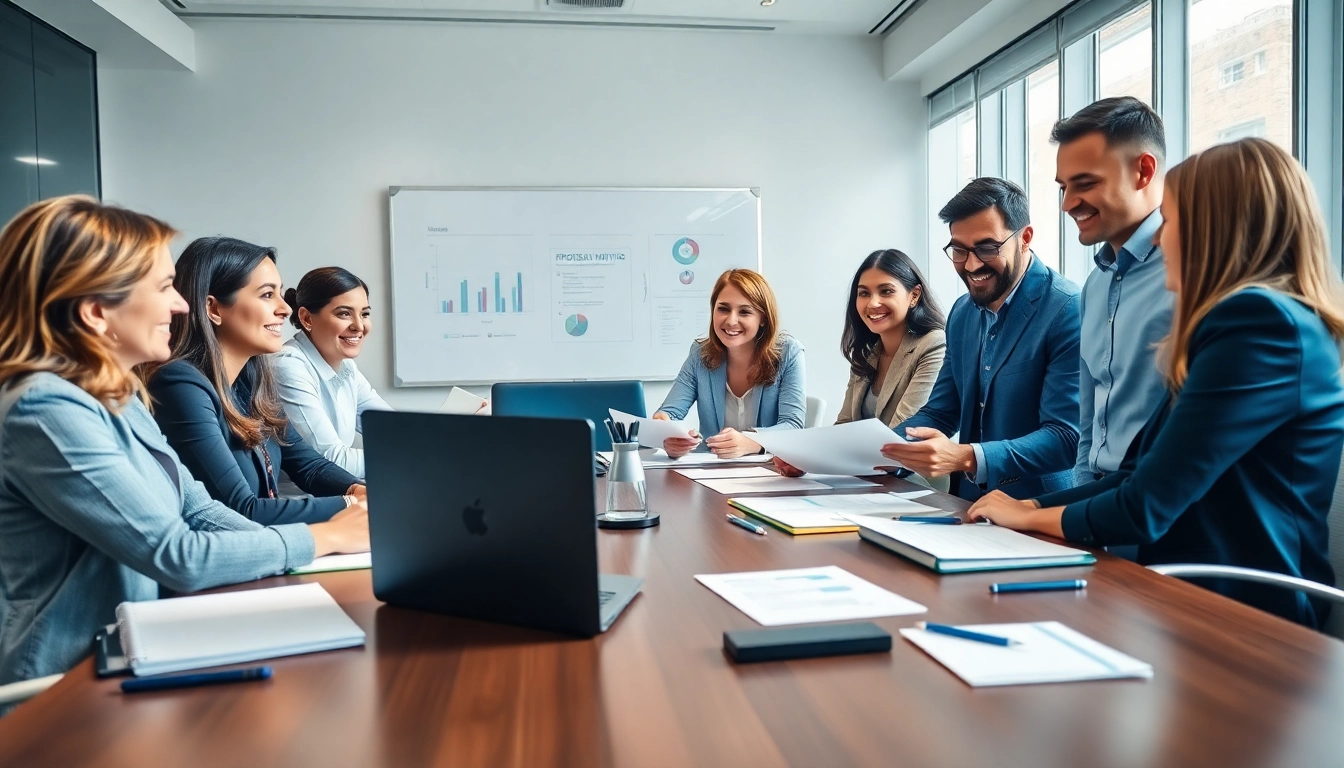 Engaging team discussing Proposal Writing and Management strategies in a professional meeting setting.