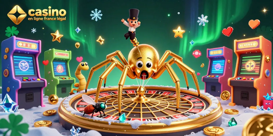 Visuel illustrant un casino en ligne légal en France avec une araignée dorée et une ambiance de jeu animée.