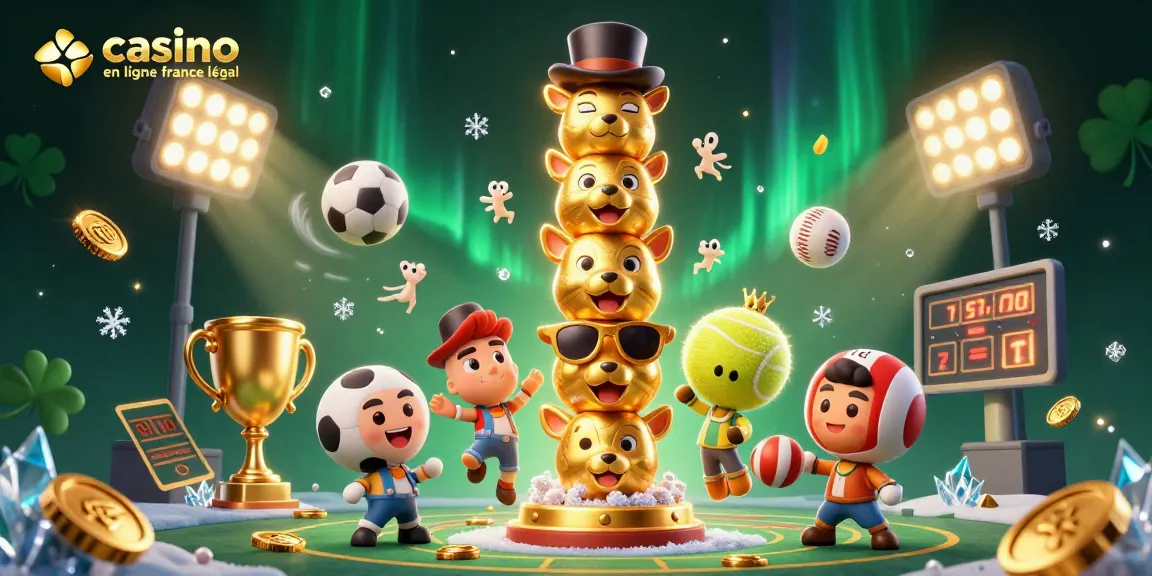 Plateau de jeu captivant illustrant casino en ligne france légal avec totem coloré et éléments sportifs.