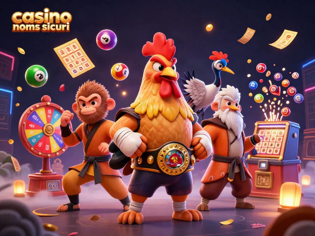 I migliori casino non AAMS sicuri presentano un affascinante carretto con un gallo e artisti marziali in un'illustrazione vivace.