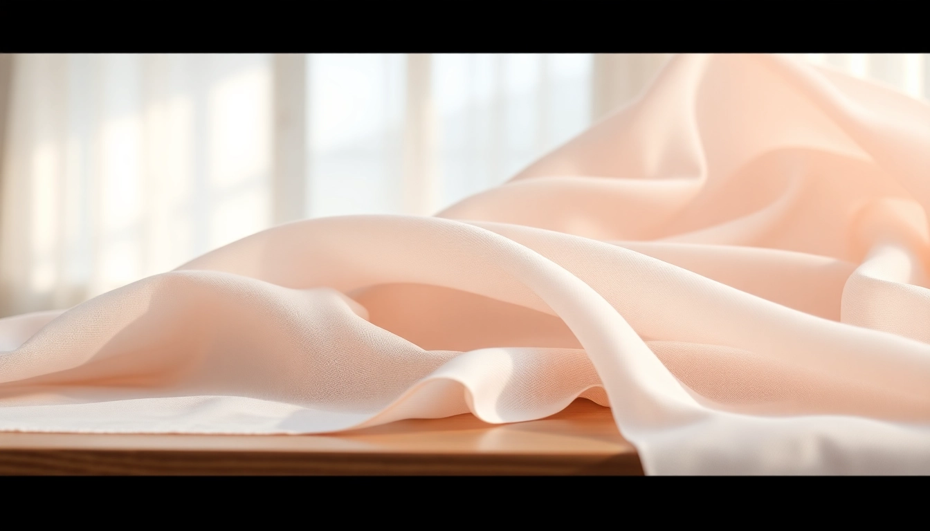 Bekijk mousseline stof met delicate texturen en zachte kleuren op een houten tafel.