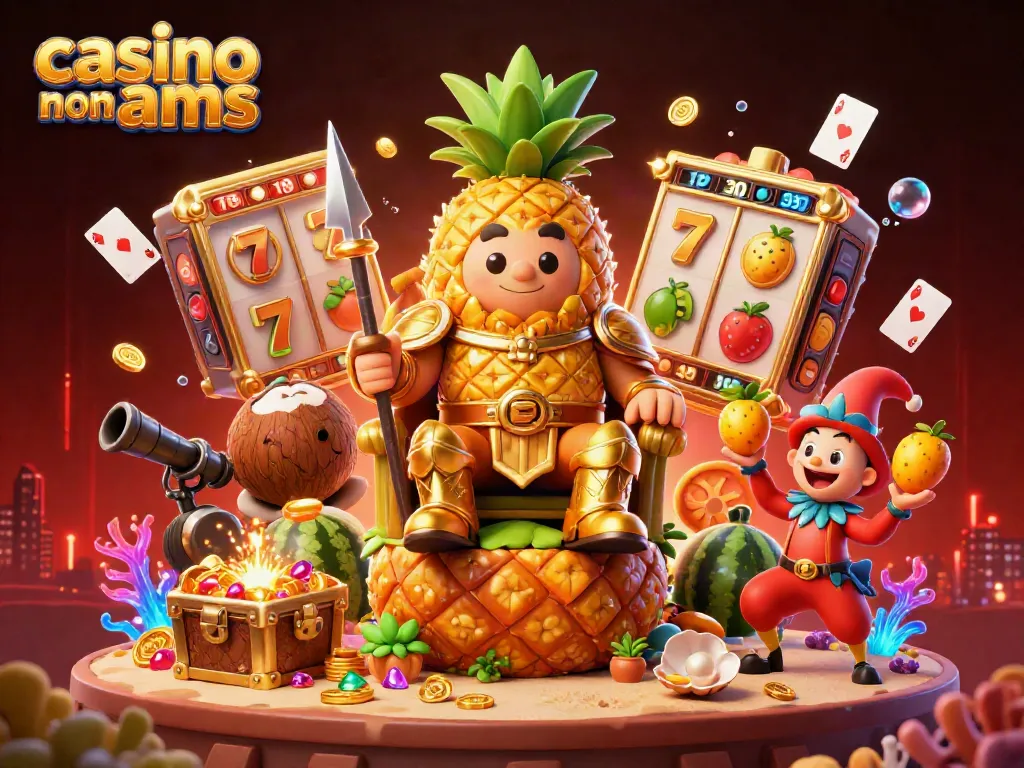 Vivi l'emozione dei giochi nei casino non AAMS mentre il re ananas d'oro regna su una scena vibrante.
