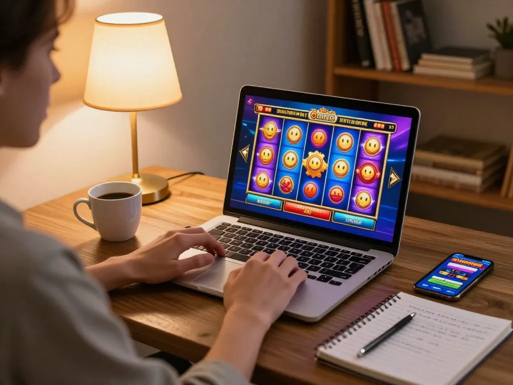 Orang yang menikmati sesi permainan online dinamis dengan link gacor ditampilkan di layar laptop