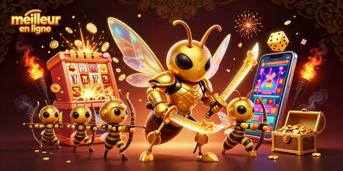 Illustration colorée du meilleur casino en ligne avec une abeille géante et des symboles de casino.