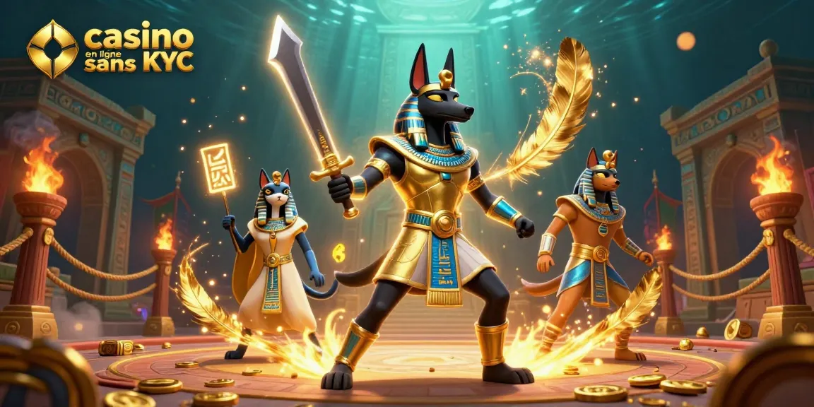 Jouez au casino en ligne sans KYC avec une illustration captivante d'Anubis et Bastet.
