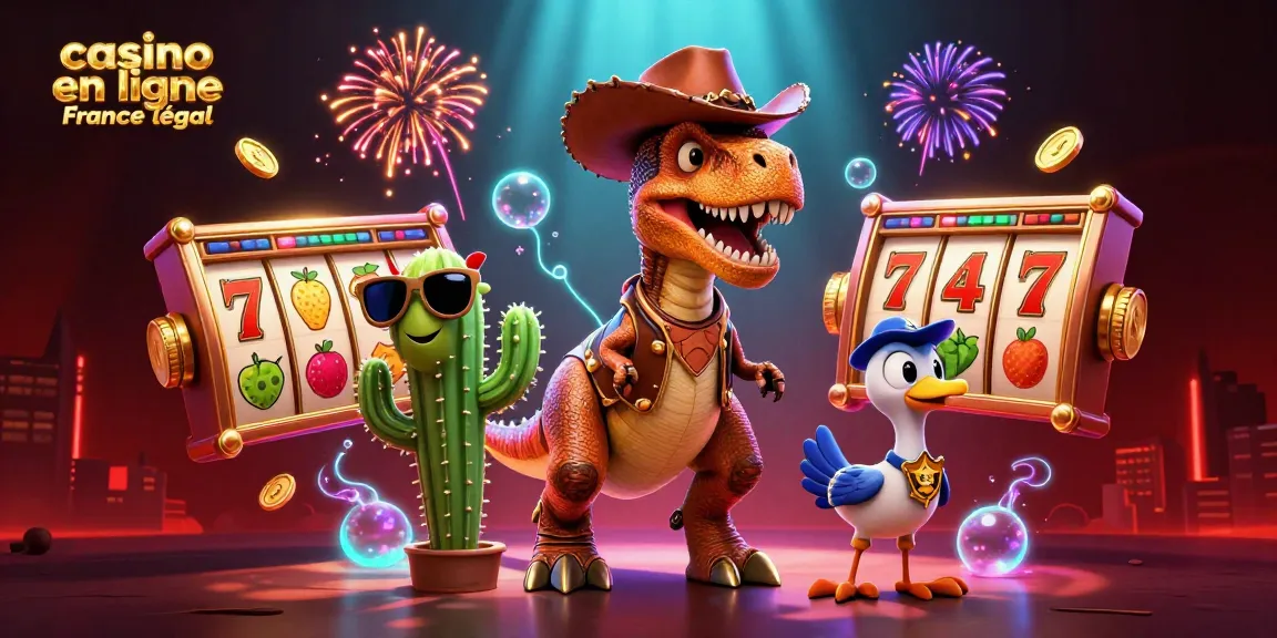Jouez à casino en ligne France légal avec un T-Rex et des éléments de jeux animés dans une illustration dynamique.