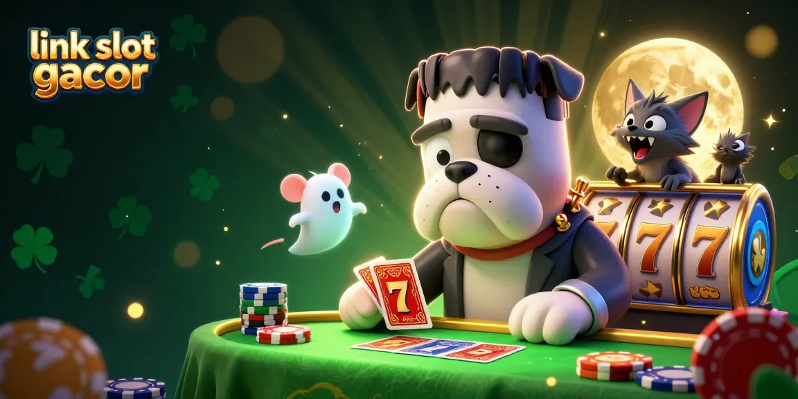 Engage in thrilling gameplay at link slot gacor with a lively scene featuring a Frankenstein bulldog and slot reels.
