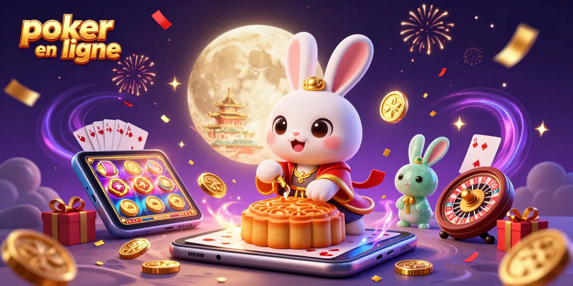 Jouez au poker en ligne dans une illustration 3D festive avec un lapin de lune et des jetons de poker.